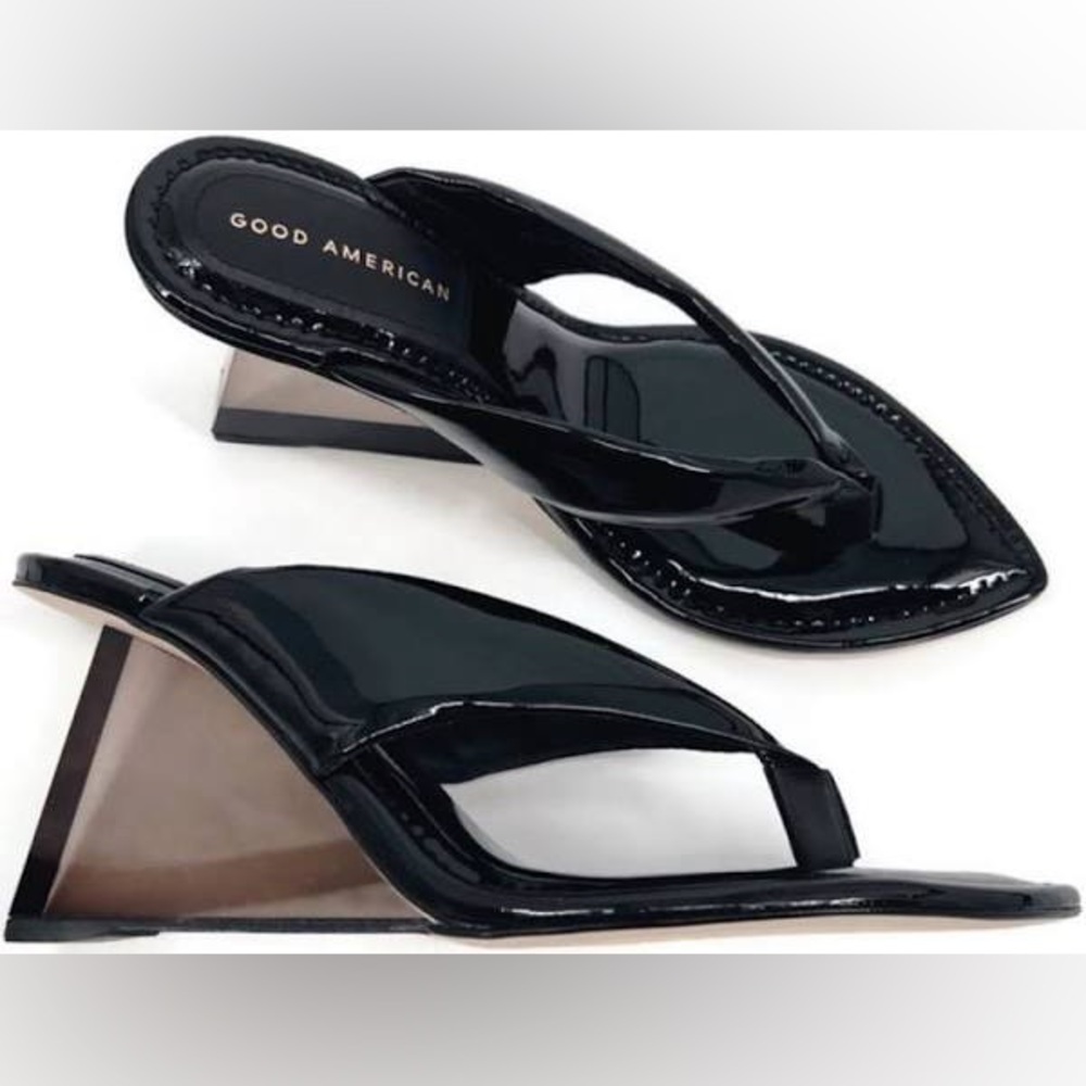 GOOD AMERICAN CINDER RELLA PATENT LEATHER THONG CLEAR WEDGE SANDALS NIB SZ 8 - Picture 11 of 14